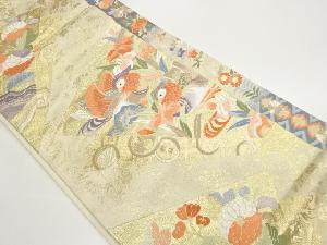 鴛鴦に花々・幾何学模様織出し袋帯